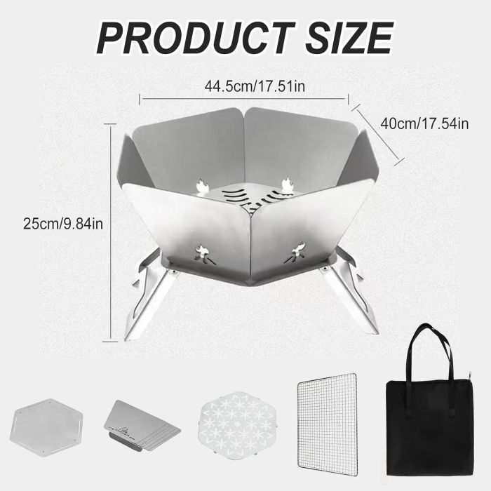 Vatră de Foc Pliabilă Portabilă, Inox, Grătar Inclus, 41 x 45 x 25 cm [2]