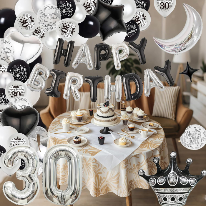 Set baloane pentru evenimente aniversare 30 ani, alb/gri/negru 98 piese [7]