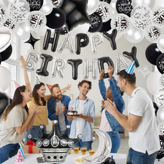 Set baloane pentru evenimente aniversare 30 ani, alb/gri/negru 98 piese [6]