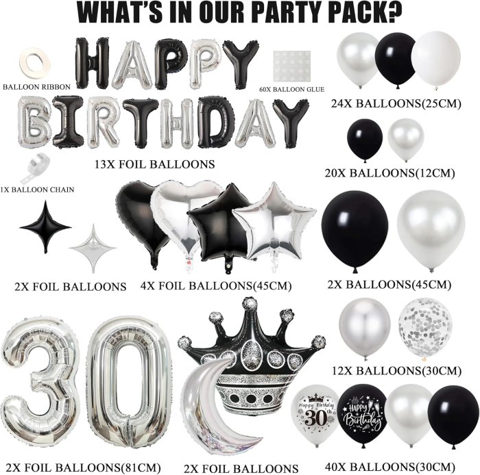 Set baloane pentru evenimente aniversare 30 ani, alb/gri/negru 98 piese [2]