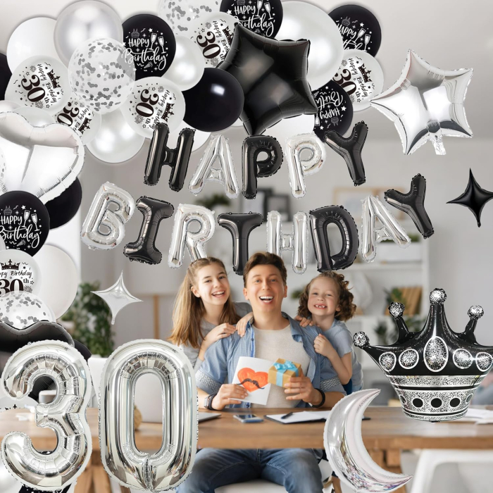 Set baloane pentru evenimente aniversare 30 ani, alb/gri/negru 98 piese [5]