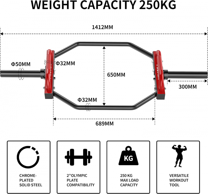 Bară hexagonală pentru greuteti cu cleme pentru genuflexiuni cu sarcină de până la 250 kg [7]