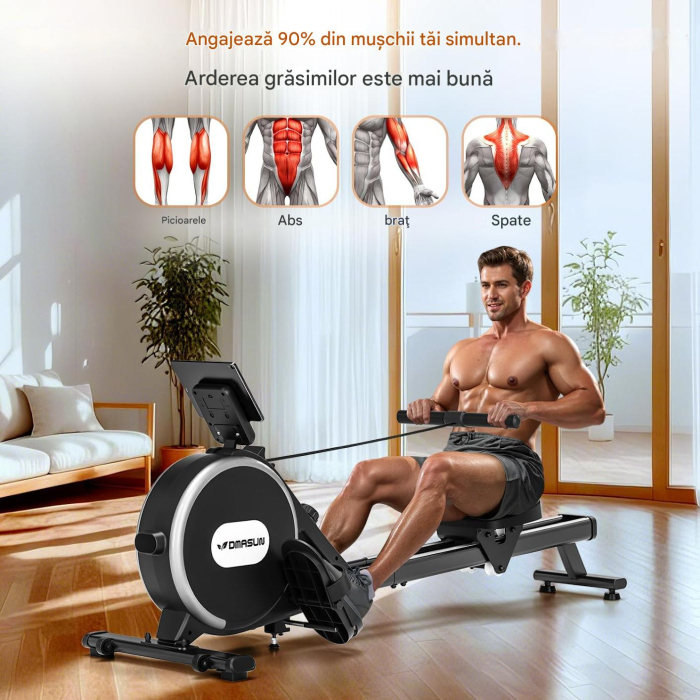 Aparat de vâslit cu rezistență magnetică, șine duble de glisare îmbunătățite, conexiune la aplicație, 16 niveluri de rezistență, afișaj LCD, max. 160kg [5]