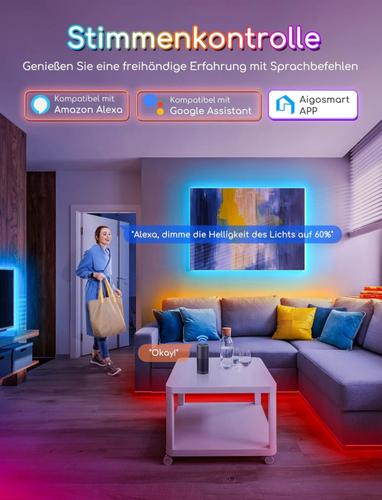 Benzi LED 15m 3x5m WiFi Smart LED Lumini RGBW Lumină caldă, control cu ​​aplicație și telecomandă IR, bandă LED inteligentă compatibilă cu Alexa, Google Assistant [5]