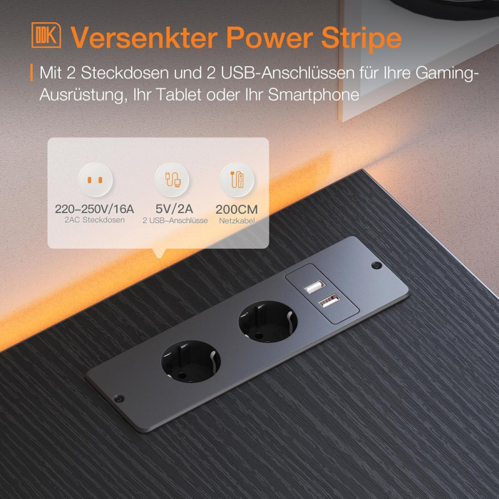 Birou de colt metal si ODK cu prize si porturi USB, negru 168x80 cm [5]