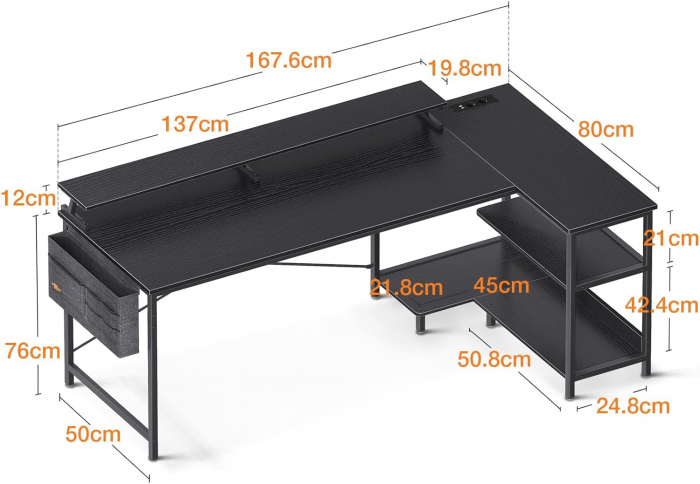 Birou de colt metal si ODK cu prize si porturi USB, negru 168x80 cm [3]