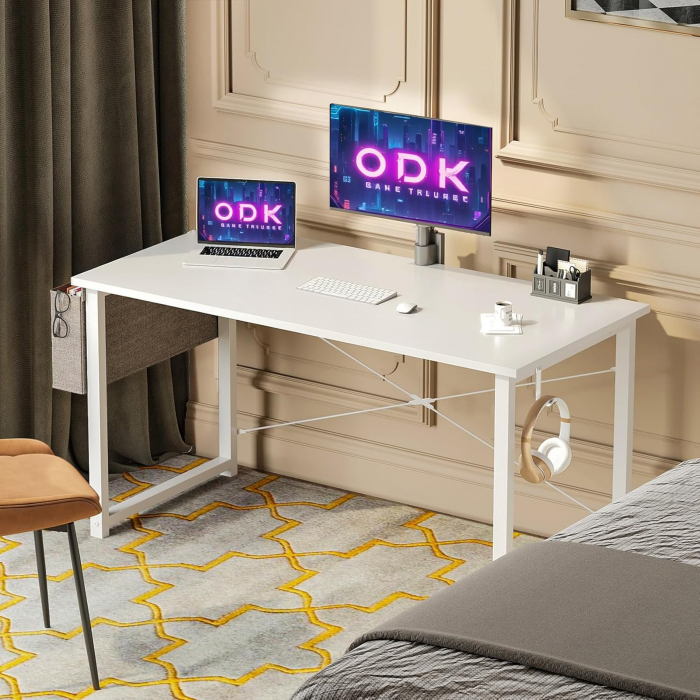 Birou alb de jocuri metal si MDF cu suport pentru căști și sac de depozitare 120x48x73.5 cm [6]
