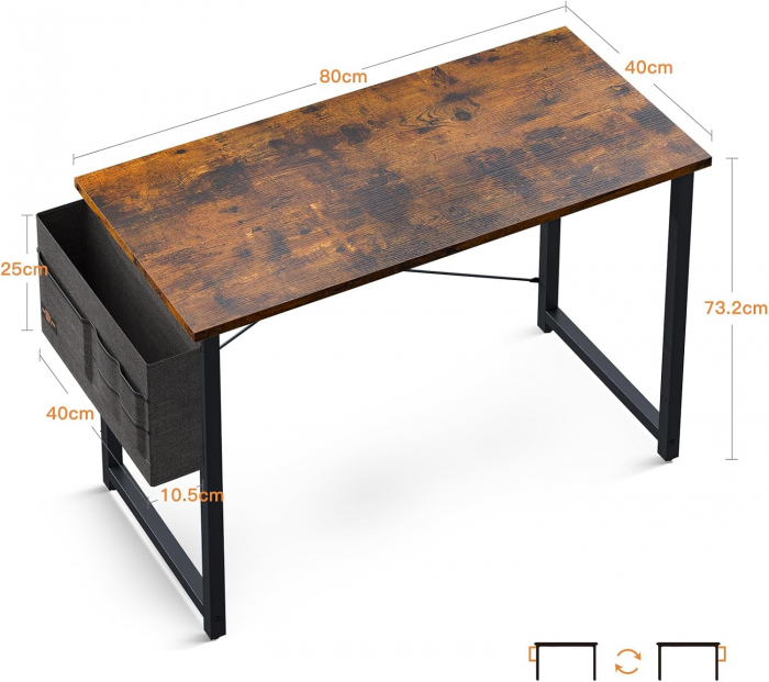 Birou de jocuri metal si MDF cu geanta depozitare si carlig, 80x40x73.5cm negru/maro [8]