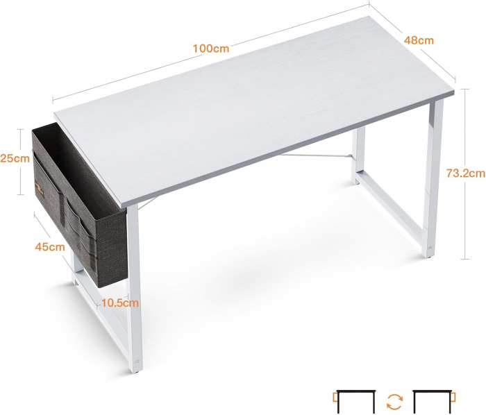 Birou de jocuri metal si MDF cu geanta depozitare si carlig, 100x48x73.5cm Alb [3]