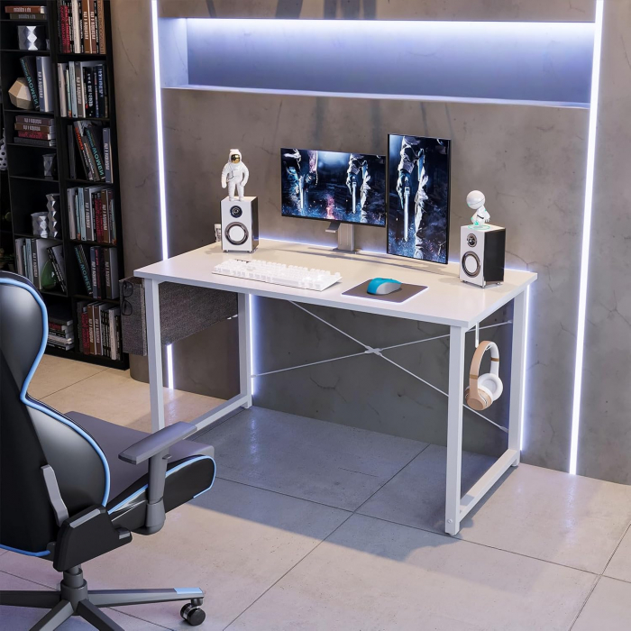 Birou de jocuri metal si MDF cu geanta depozitare si carlig, 100x48x73.5cm Alb [2]