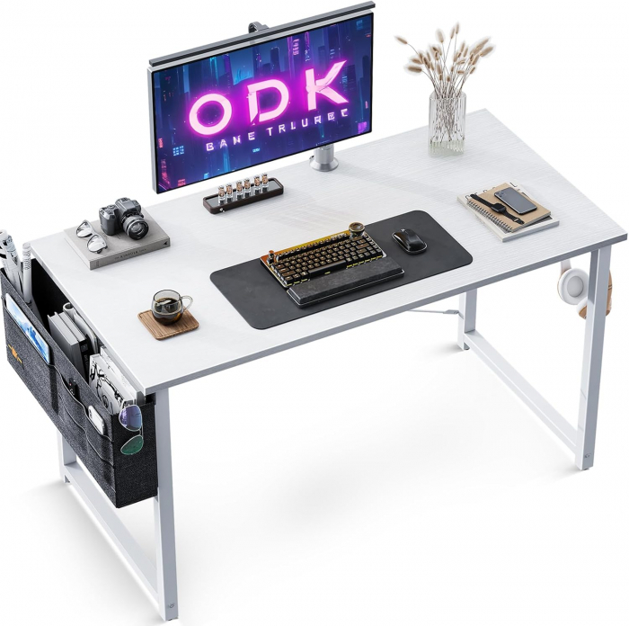 Birou de jocuri metal si MDF cu geanta depozitare si carlig, 100x48x73.5cm Alb [1]