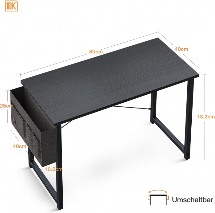Birou de jocuri metal si MDF cu geanta depozitare si carlig, 80x40x73.5cm negru [3]