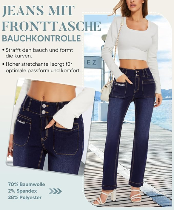 Blugi albastri elastici, drepti pentru femei, 4 buzunare, M [3]