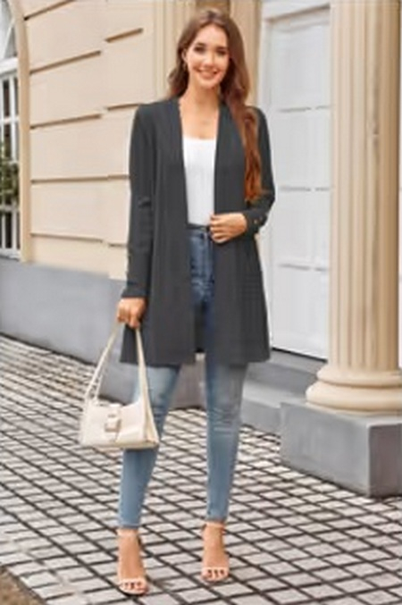 Bluza gri inchis lejera cu maneci lungi, cardigan tricotat pentru femei, M [2]