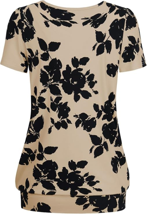 Tricou crem model Damă DJT FASHION, Mâneci Scurte, Decolteu Rotund, Pliuri Frontale, S [2]