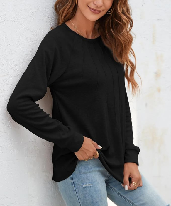 Bluză neagra de Damă Oversized cu Mâneci Lungi, Guler Rotund, Dungi și Color Block, Croi Lejer, M [3]