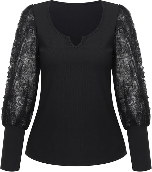 Bluza neagra lejera cu maneci lungi dantelate, 3XL [6]