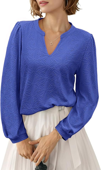 Bluza albastra, lejera pentru femei, cu maneci lungi, decolteu in V, L [4]