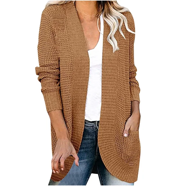 Bluza maro tricotata lejera cu maneci lungi, cardigan pentru femei, M [2]