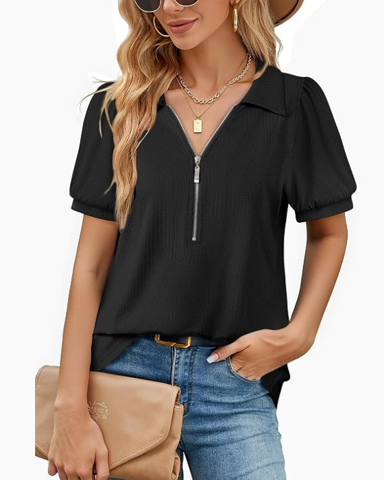 Bluză neagra Damă cu Decolteu în V și Mâneci Bufante, Croi A-Line, Material Elastic și Respirabil, 2XL [2]