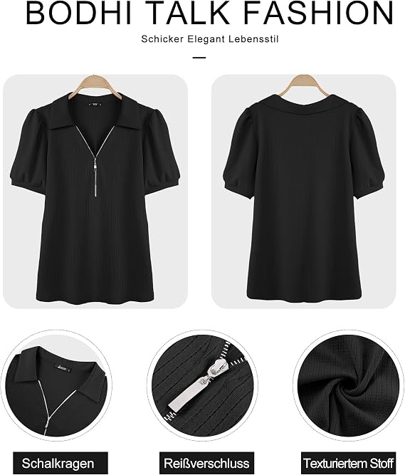 Bluză neagra Damă cu Decolteu în V și Mâneci Bufante, Croi A-Line, Material Elastic și Respirabil, XL [6]