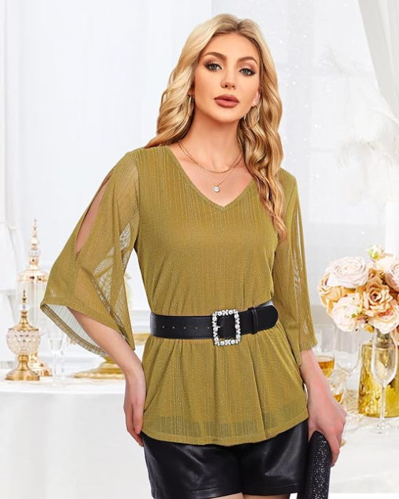 Bluză damă cu mâneci tip fluture, decolteu în V, maro mustar cu sclipici argintiu XL [2]