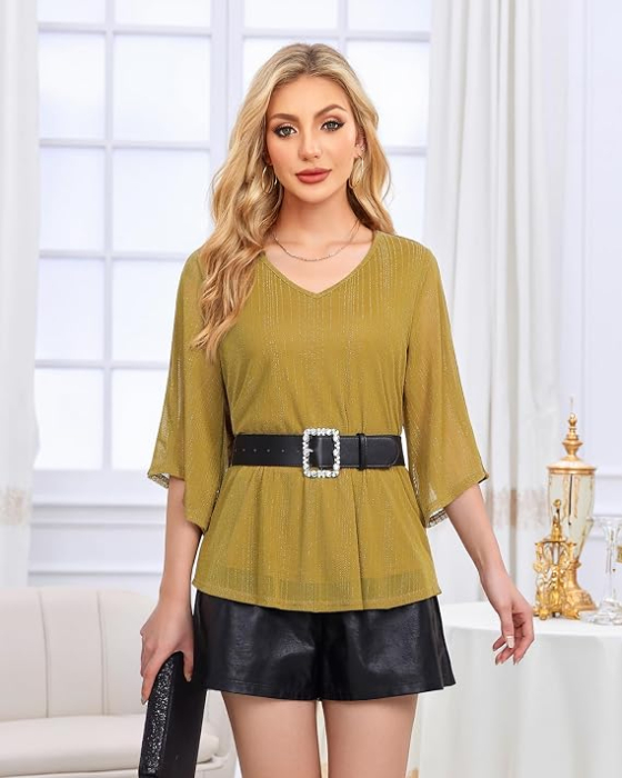Bluză damă cu mâneci tip fluture, decolteu în V, maro mustar cu sclipici argintiu XL [4]