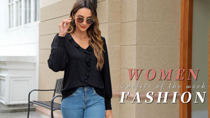 Bluza de vară pentru femei,  cu maneci lungi evazate, neagra S [2]