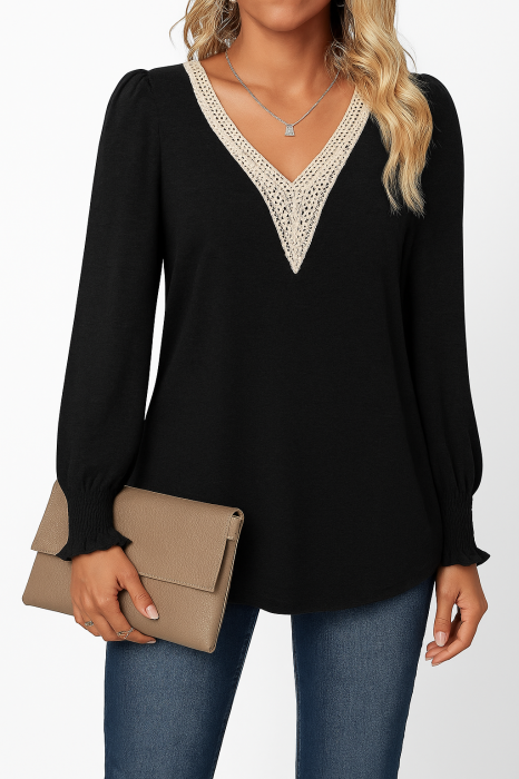 Bluza de vară pentru femei,  cu maneci lungi evazate, neagra S [1]