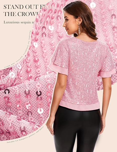 Bluza eleganta lejera pentru femei, maneci scurte, decolteu rotund, Roz cu paiete S [5]