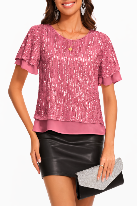 Bluza eleganta lejera pentru femei, maneci scurte, decolteu rotund, Roz cu paiete S [3]