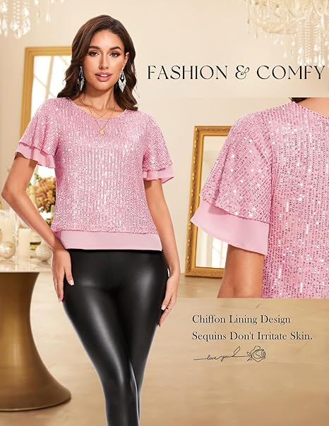 Bluza eleganta lejera pentru femei, maneci scurte, decolteu rotund, Roz cu paiete S [2]