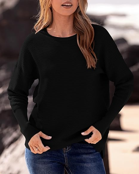 Bluza casual lejera pentru femei, maneci lungi, decolteu rotund, Negru M [2]