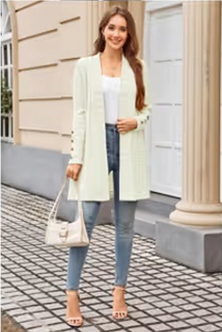 Bluza alb galbui lejera cu maneci lungi, cardigan tricotat pentru femei, S [2]