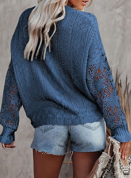 Bluza albastra lejera pentru femei, cu maneci lungi dantelate, S [3]