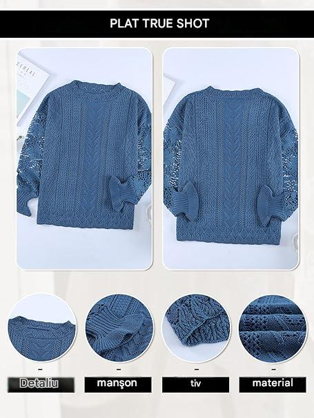 Bluza albastra lejera pentru femei, cu maneci lungi dantelate, S [4]