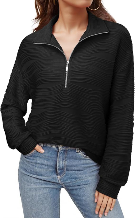 Bluza neagra texturata larga, cu maneci lungi, decolteu V cu fermoar, M [4]