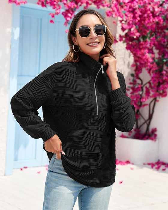 Bluza neagra texturata larga, cu maneci lungi, decolteu V cu fermoar, L [3]