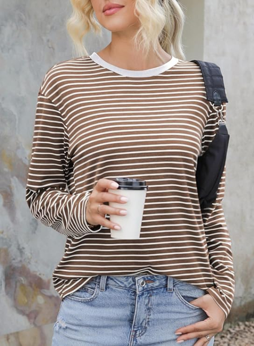 Bluza maro lejera pentru femei, cu maneci lungi, cu dungi albe, S [4]