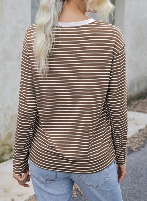 Bluza maro lejera pentru femei, cu maneci lungi, cu dungi albe, S [2]