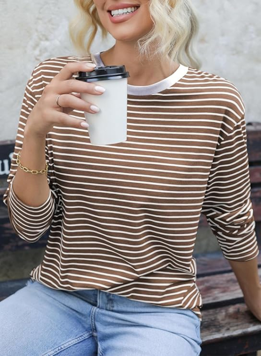 Bluza maro lejera pentru femei, cu maneci lungi, cu dungi albe, S [6]