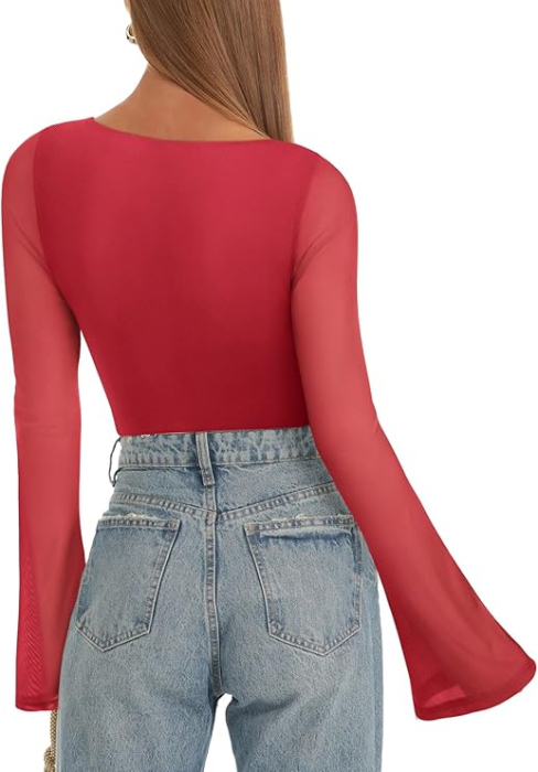 Bluza pe corp, body cu mânecă lungă pentru femei, rosu S [4]