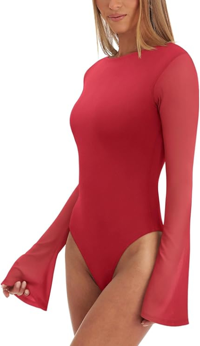 Bluza pe corp, body cu mânecă lungă pentru femei, rosu M [3]