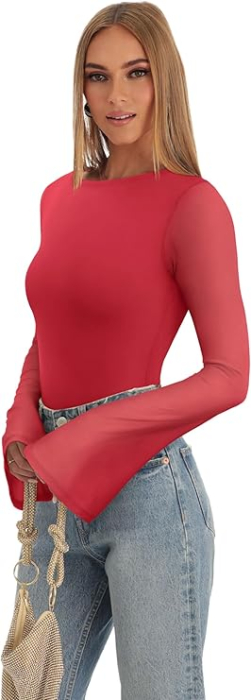 Bluza pe corp, body cu mânecă lungă pentru femei, rosu M [5]