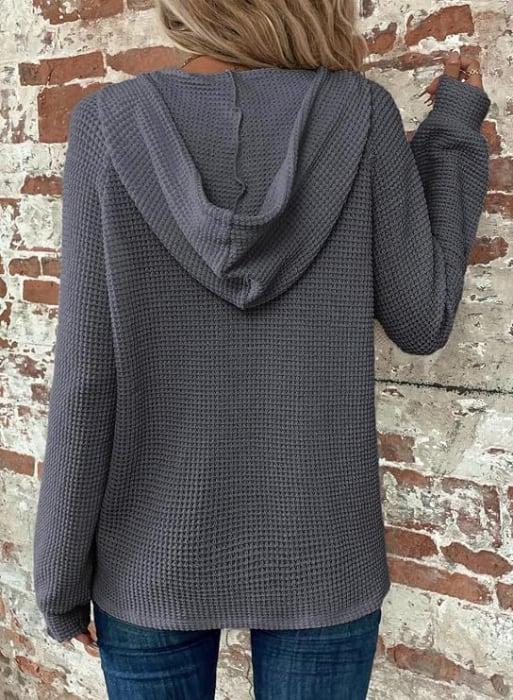 Bluza larga, Hanorac damă cu glugă și șnur, decolteu în V, închidere cu nasturi și croială oversized, gri M [4]