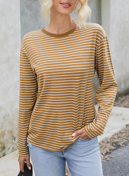 Bluza kaki lejera pentru femei, cu maneci lungi, cu dungi albe, 2XL [3]