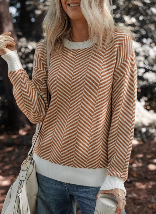 Bluza larga cu maneci lungi, alba cu dungi maro inchis S [7]