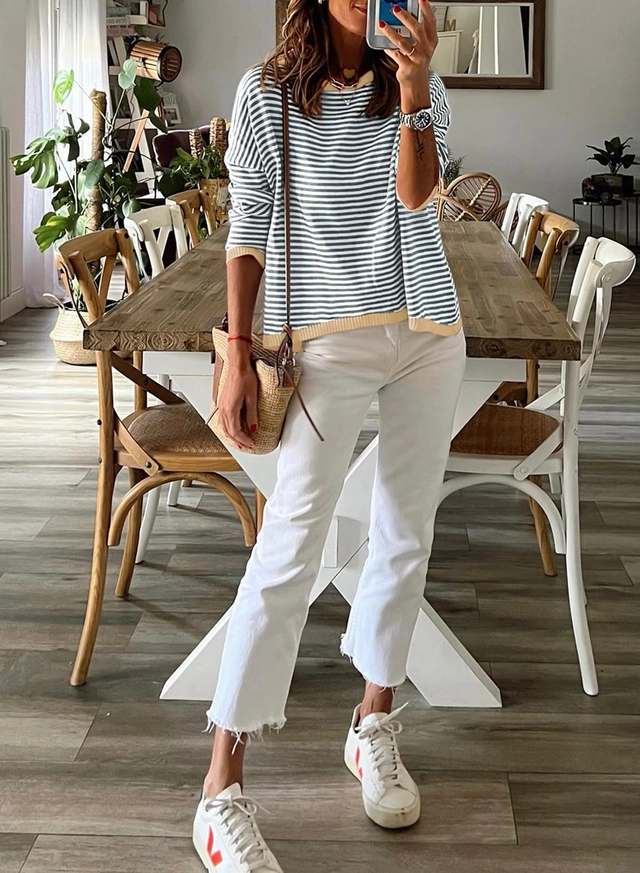 Bluza larga cu maneci lungi, alba cu dungi gri S [2]