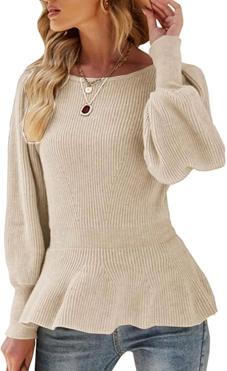 Bluza tricotata larga cu maneci lungi, pulover pentru femei, Crem XL [5]