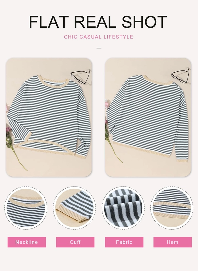 Bluza larga cu maneci lungi, alba cu dungi gri L [5]